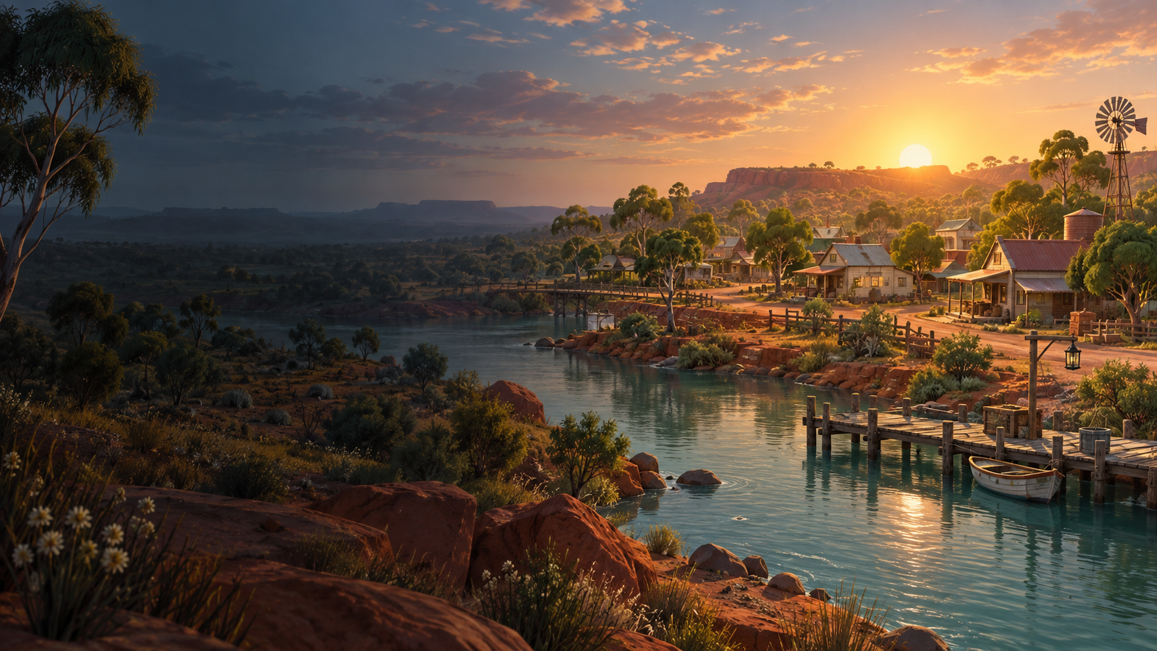Original illustration of an Australian-outback island town beside a creek.